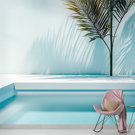 Minimalist tropical palm shadow wallpaper creating a serene atmosphere in a modern living room with clean lines and natural light