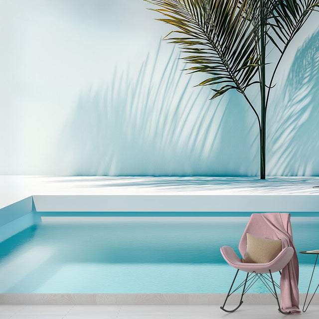 Minimalist tropical palm shadow wallpaper creating a serene atmosphere in a modern living room with clean lines and natural light