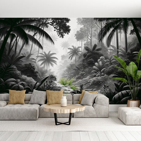 Black and white tropical jungle wallpaper creating a peaceful atmosphere in a modern living room with minimal furniture