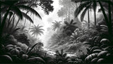 Tropical jungle wallpaper design file showing detailed black and white palm leaves and misty effects