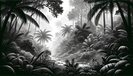 Tropical jungle wallpaper design file showing detailed black and white palm leaves and misty effects