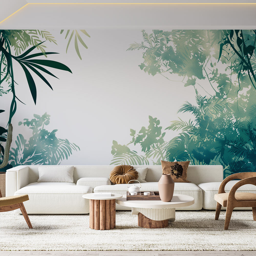 Tropical jungle mural wallpaper creating a calming atmosphere in a modern living room with natural light