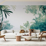 Tropical jungle mural wallpaper creating a calming atmosphere in a modern living room with natural light