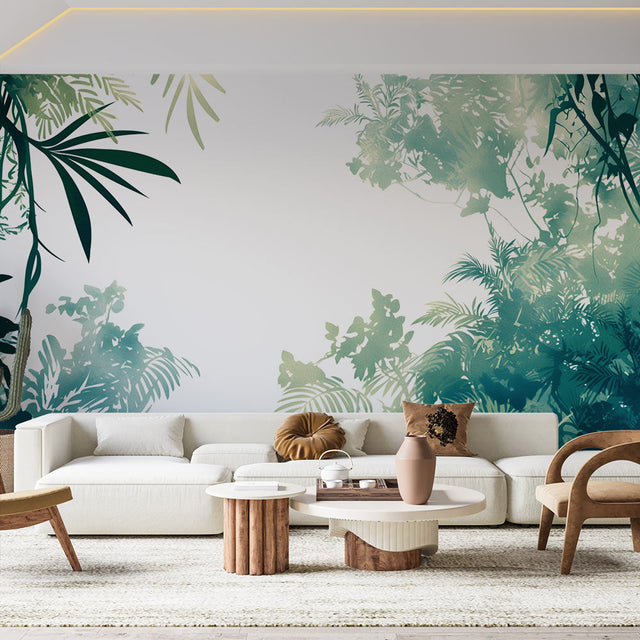 Tropical jungle mural wallpaper creating a calming atmosphere in a modern living room with natural light