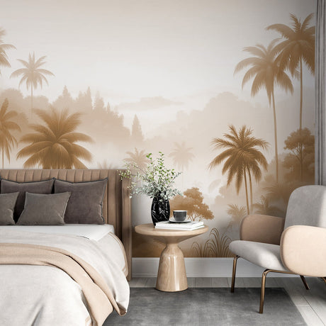 Tropical palm forest wallpaper mural creating a peaceful atmosphere in a modern living room with beige walls