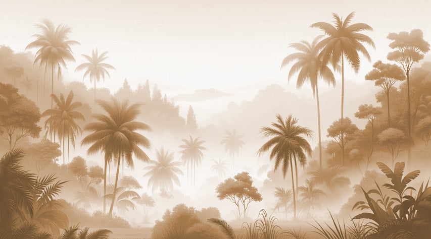 Tropical palm forest wallpaper design file showing detailed misty palm trees in soft beige tones