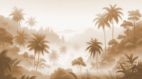 Tropical palm forest wallpaper design file showing detailed misty palm trees in soft beige tones