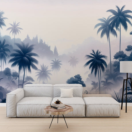 Tropical palm forest wallpaper in misty blue tones creating depth in a modern living room setting