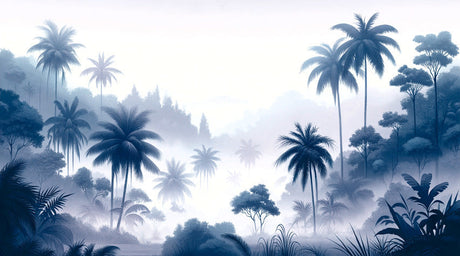 Misty palm forest wallpaper design file showing detailed palm silhouettes and blue morning mist effect