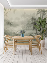 Tropical palm forest wallpaper in sage green creating a peaceful atmosphere in a modern living room