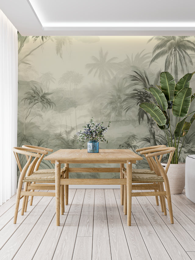 Tropical palm forest wallpaper in sage green creating a peaceful atmosphere in a modern living room
