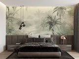 Tropical palm mural creating a spa-like feel in a master bathroom