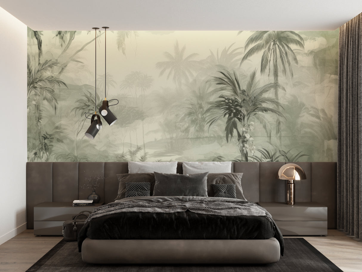 Sage green tropical wallpaper making a statement in a minimalist dining room