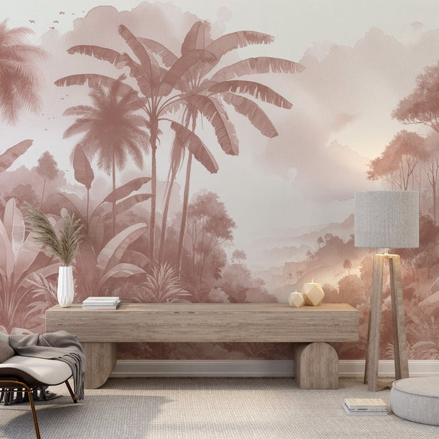 Tropical palm forest wallpaper in rose-gold tones creating a warm, misty atmosphere in a modern living room