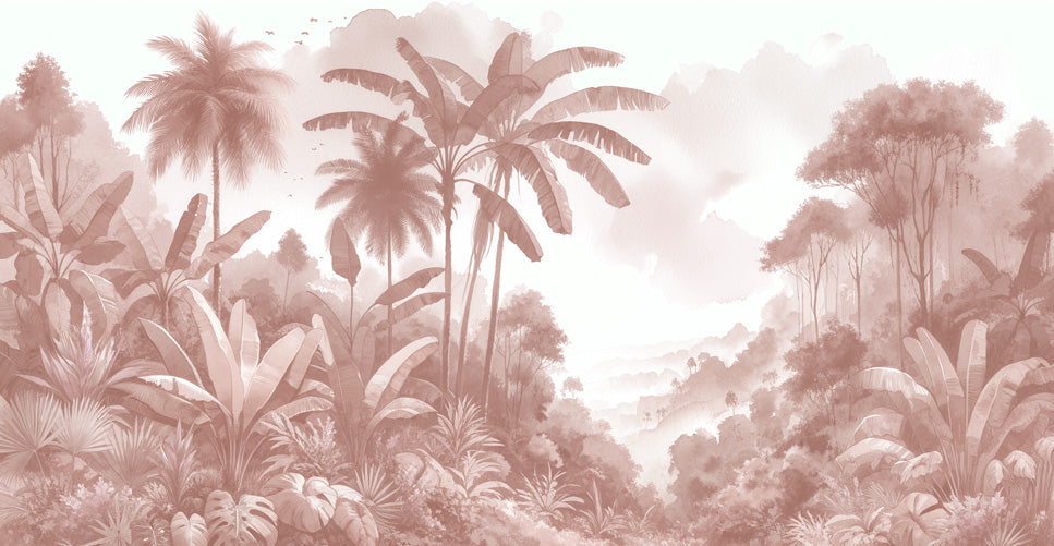 Terracotta palm forest wallpaper design file showing detailed misty botanical pattern