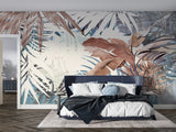 Palm leaf wall mural creating a sophisticated backdrop in a home office setting