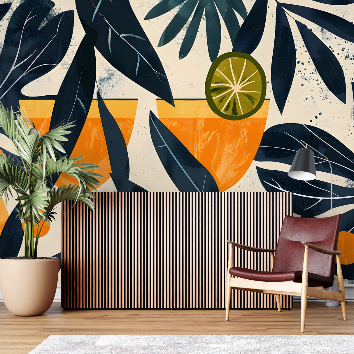Tropical cocktail wallpaper in modern home bar showing navy and orange design with geometric patterns