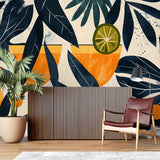 Tropical cocktail wallpaper in modern home bar showing navy and orange design with geometric patterns
