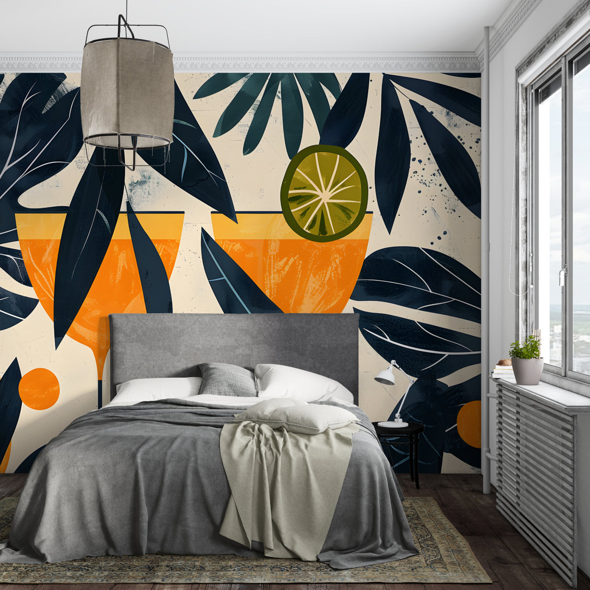 Modern tropical wallpaper featuring cocktail design in stylish dining room setting