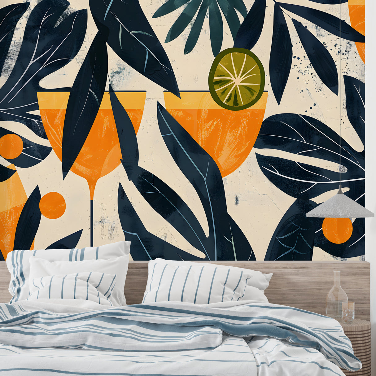 Contemporary orange and navy tropical leaf mural in restaurant lounge area