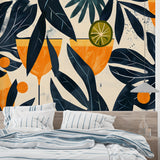 Contemporary orange and navy tropical leaf mural in restaurant lounge area