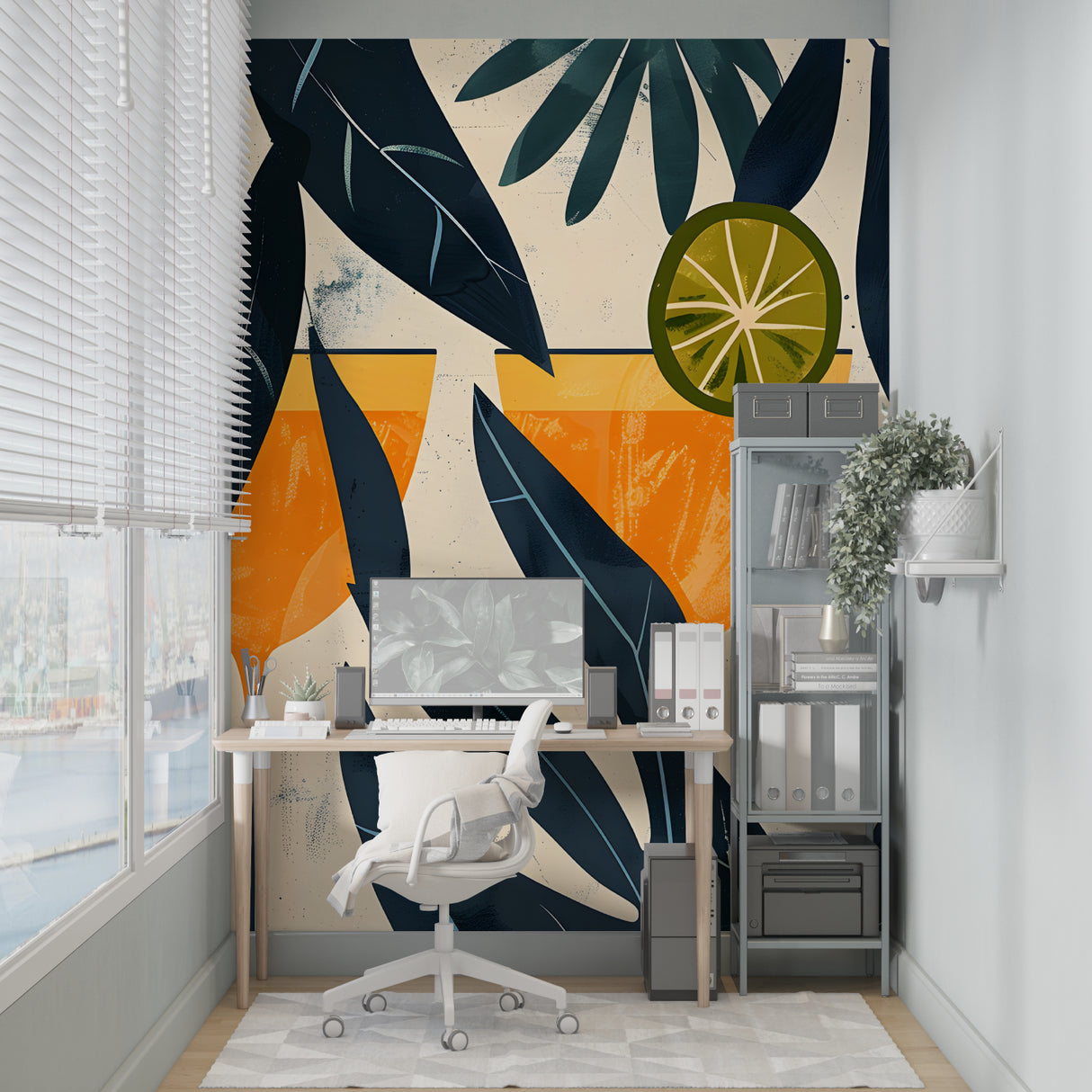 Tropical cocktail wall mural showcased in modern apartment living room