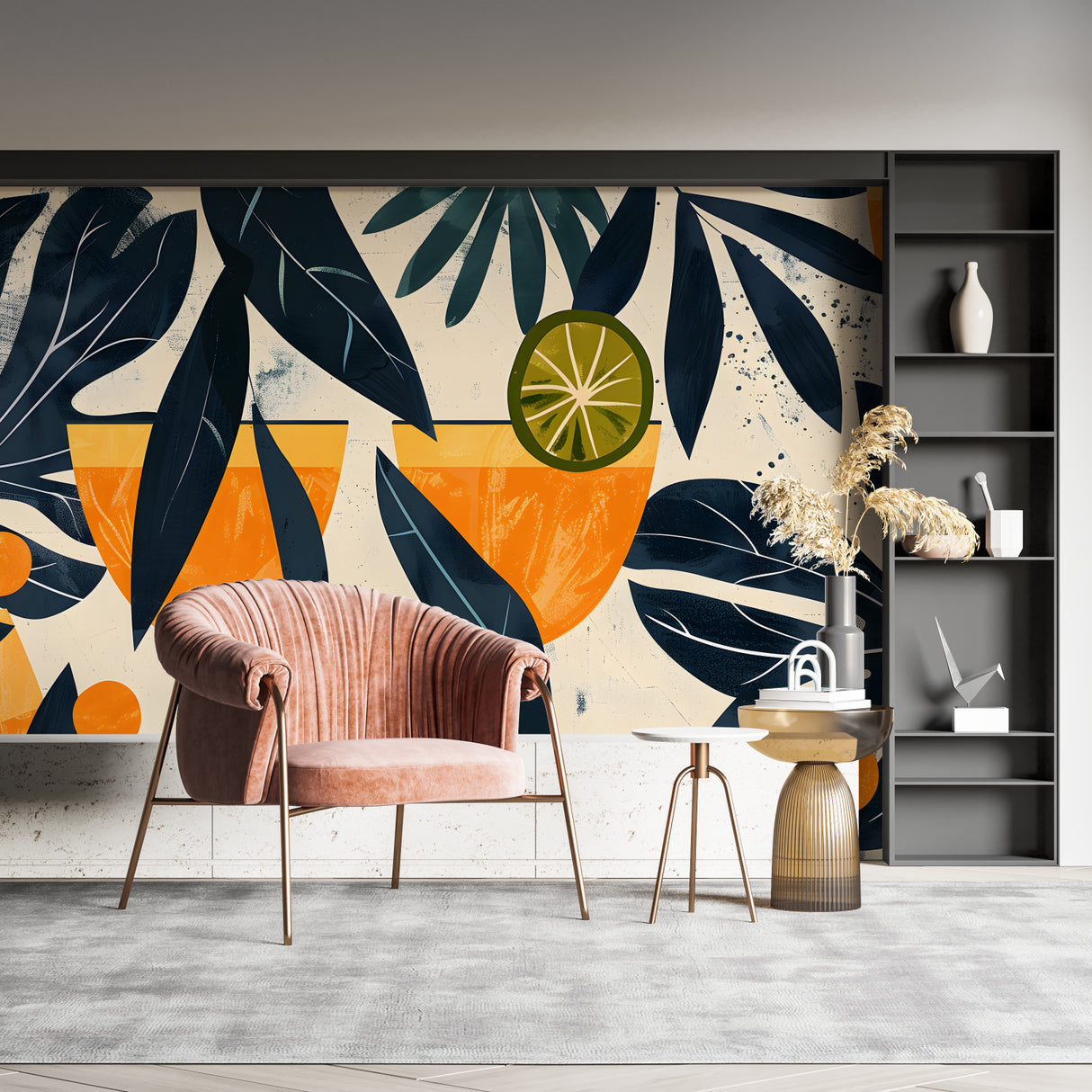 Designer cocktail wallpaper creating atmosphere in boutique hotel lobby