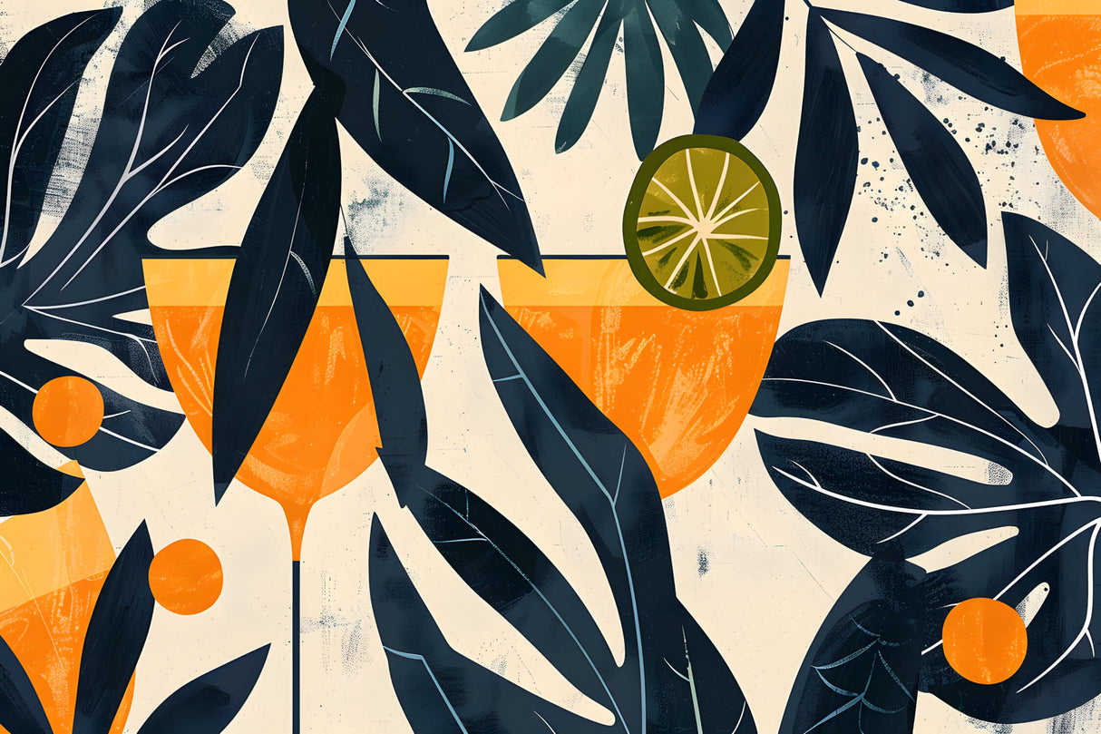 Design file of modern tropical cocktail pattern with navy leaves and orange glassware