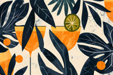 Design file of modern tropical cocktail pattern with navy leaves and orange glassware