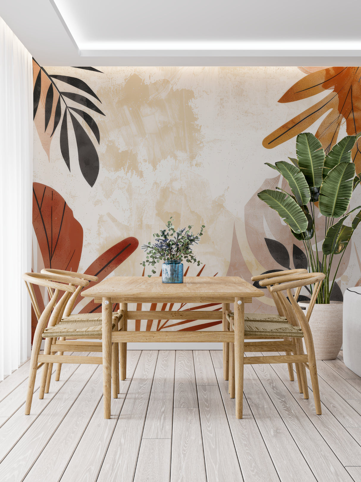 Home office featuring tropical leaf mural wallpaper in warm earthy tones