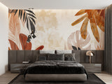 Dining room with modern terracotta leaf wallpaper creating cozy atmosphere