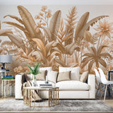Tropical botanical wallpaper in beige tones creating a calm atmosphere in a modern living room setting