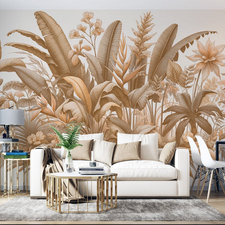 Tropical botanical wallpaper in beige tones creating a calm atmosphere in a modern living room setting