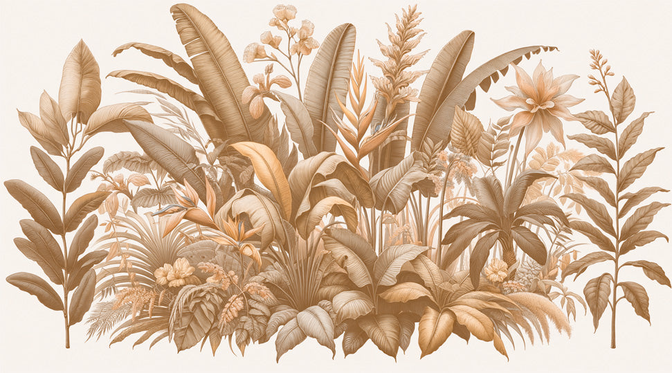 Beige tropical botanical garden design file showing detailed leaf patterns and textures