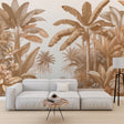 Tropical palm wallpaper creating a serene atmosphere in a modern living room with beige accents and natural light