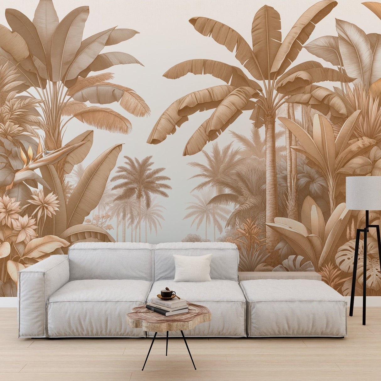 Tropical palm wallpaper creating a serene atmosphere in a modern living room with beige accents and natural light
