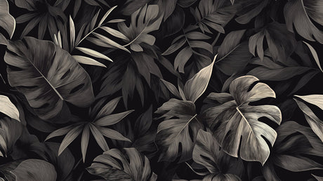 Black and white Monstera leaf wallpaper design file showing detailed palm pattern and textures