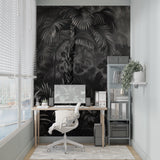 Dining room featuring stunning monochrome tropical wallpaper with bold palm fronds
