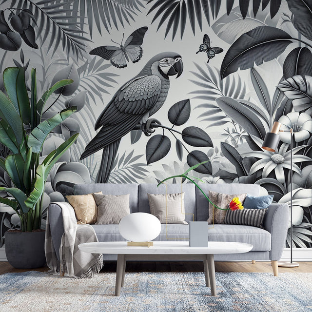 Monochrome tropical parrot wallpaper bringing elegant contrast to a modern living room with clean-lined furniture