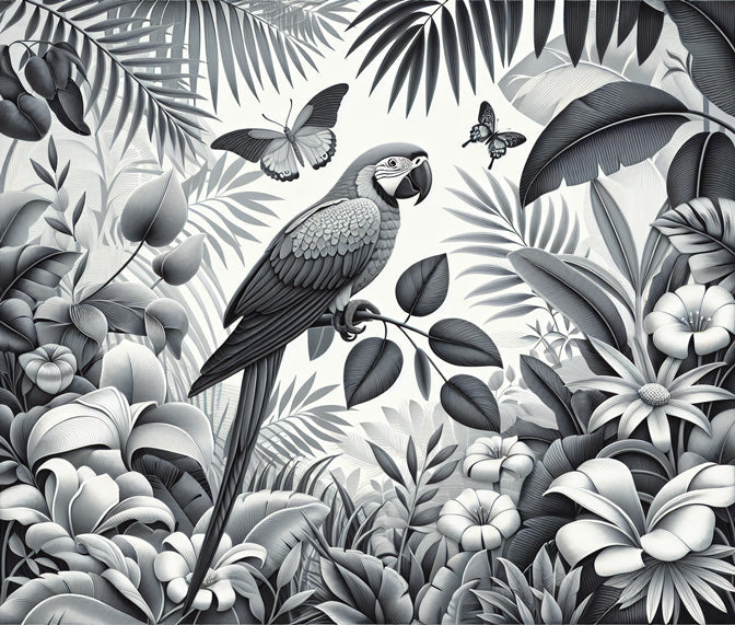 Black and white tropical wallpaper design file showing detailed parrot and jungle pattern