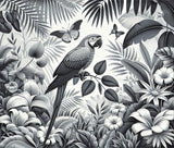 Black and white tropical wallpaper design file showing detailed parrot and jungle pattern