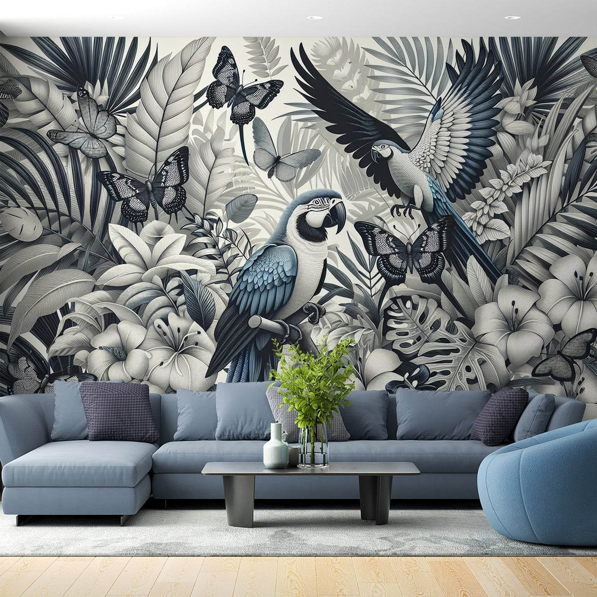 Tropical bird wallpaper with monochrome parrots in a modern living room setting showing scale and dramatic impact