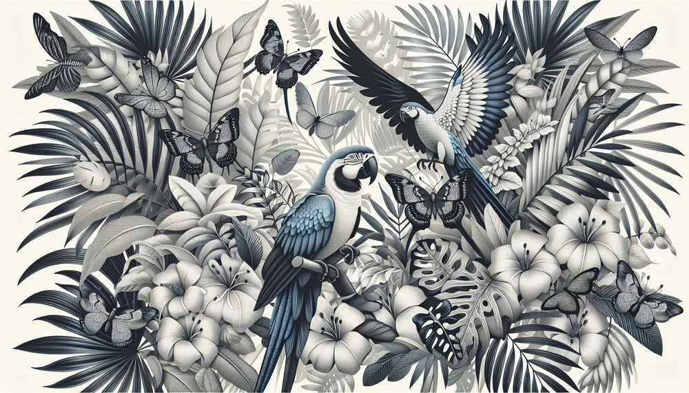 Monochrome tropical parrot and butterfly design file showing intricate pattern details