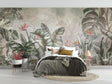 Tropical leaf wallpaper with monstera and birds of paradise creating a calm atmosphere in a modern living room