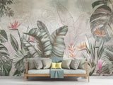 Botanical paradise wallpaper bringing tropical vibes to a dining room setting