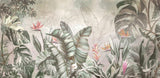 Design file showing detailed monstera leaves and birds of paradise pattern on misty grey background