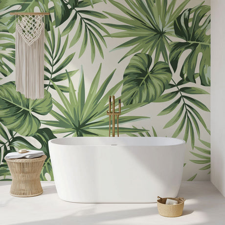 Tropical Monstera leaf wallpaper creating a fresh backdrop in a modern living room with white furniture