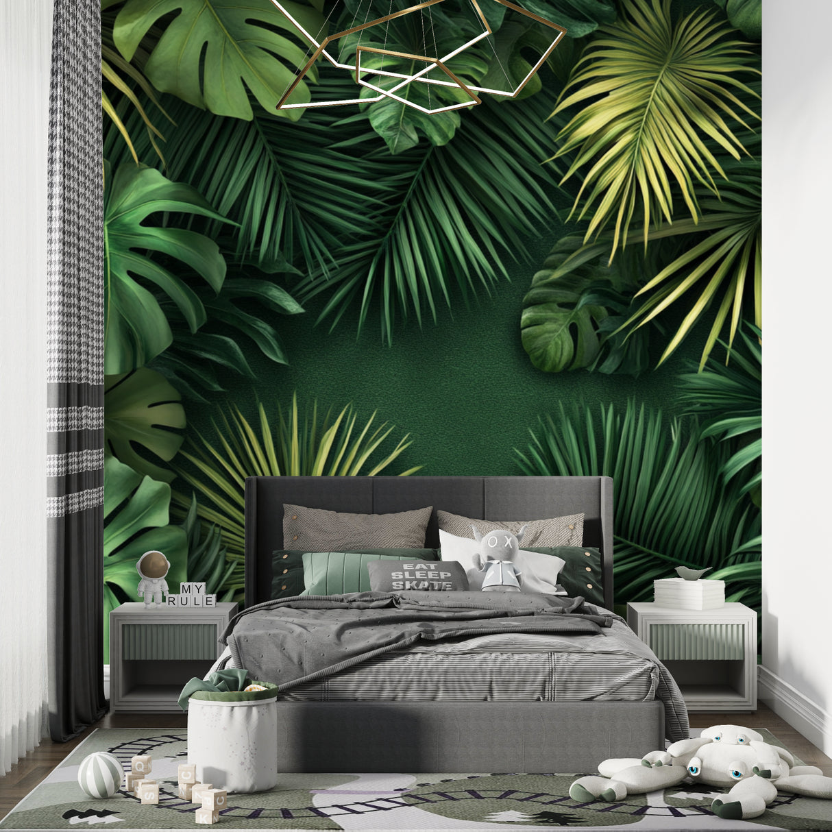 Tropical leaf wallpaper creating a fresh atmosphere in modern living room with natural light