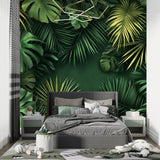 Tropical leaf wallpaper creating a fresh atmosphere in modern living room with natural light