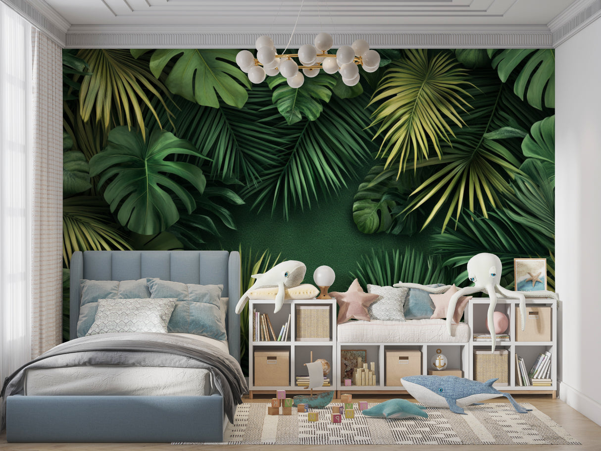 Monstera leaf mural wallpaper in cozy bedroom setting with minimal furniture